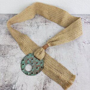 Vintage Wide Belt Rustic Raffia Woven Patina Buckle Bohemian